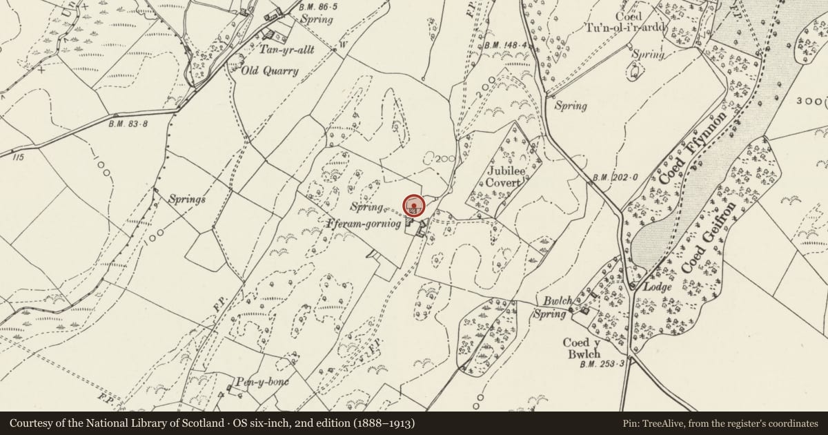 Ordnance Survey six-inch map, 2nd edition (1888–1913) covering the location of Fferam Gorniog, Pentraeth, Isle of Anglesey, with a pin at the register's coordinates