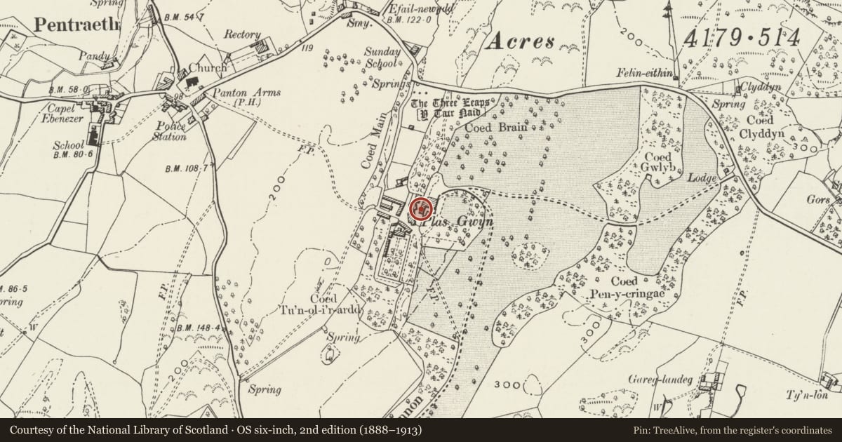 Ordnance Survey six-inch map, 2nd edition (1888–1913) covering the location of Former Laundry and Servant's Hall at Plas Gwyn, Pentraeth, Isle of Anglesey, with a pin at the register's coordinates