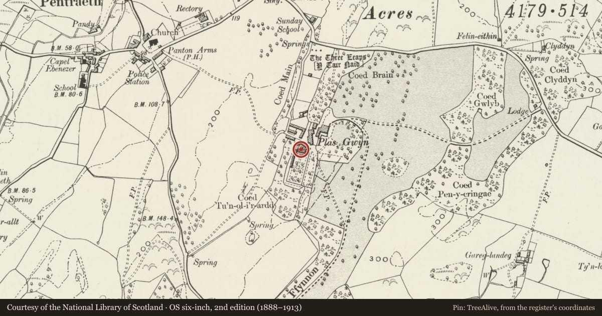 Ordnance Survey six-inch map, 2nd edition (1888–1913) covering the location of Gardener's cottage and walled garden at Plas Gwyn, Pentraeth, Isle of Anglesey, with a pin at the register's coordinates