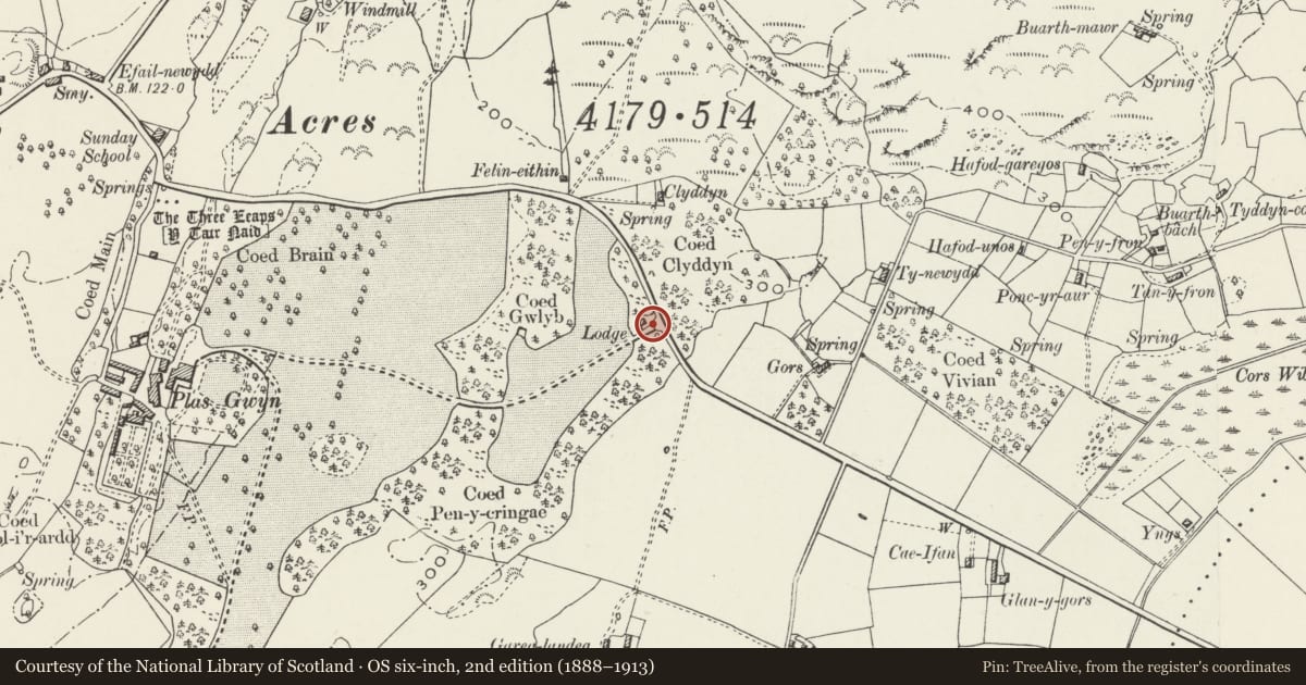 Ordnance Survey six-inch map, 2nd edition (1888–1913) covering the location of Gates and walled railings at Beaumaris Lodge, Pentraeth, Isle of Anglesey, with a pin at the register's coordinates