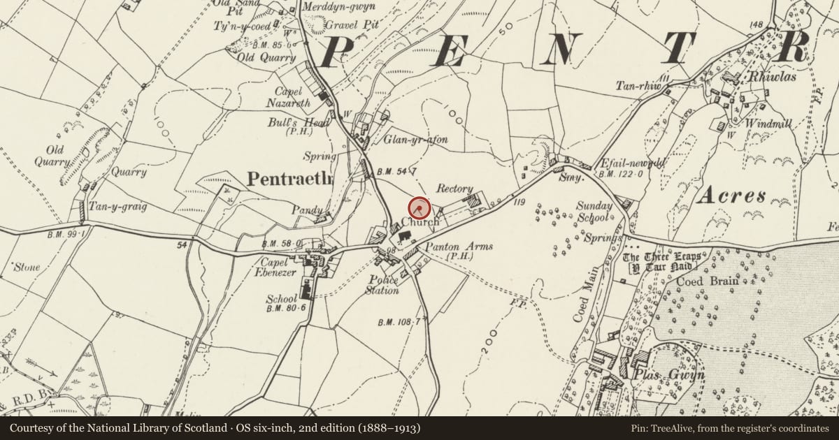 Ordnance Survey six-inch map, 2nd edition (1888–1913) covering the location of Hearse house at the Church of St Mary, Pentraeth, Isle of Anglesey, with a pin at the register's coordinates