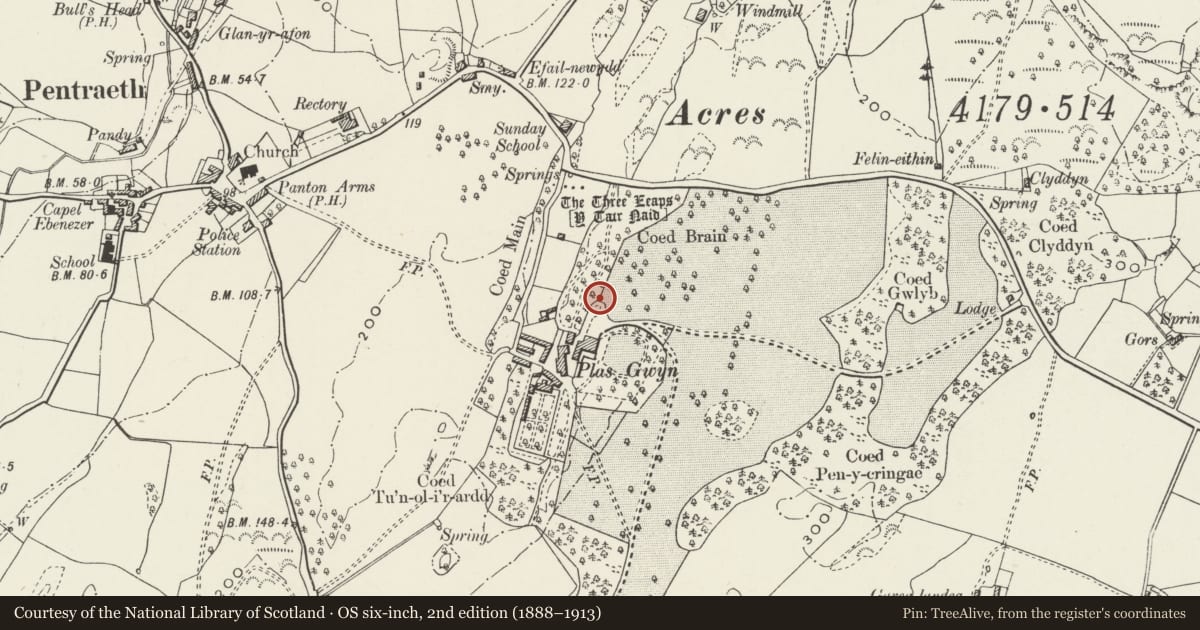 Ordnance Survey six-inch map, 2nd edition (1888–1913) covering the location of Icehouse at Plas Gwyn, Pentraeth, Isle of Anglesey, with a pin at the register's coordinates