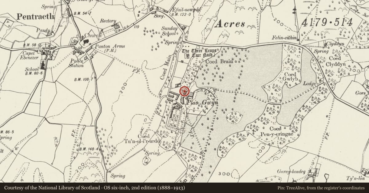 Ordnance Survey six-inch map, 2nd edition (1888–1913) covering the location of Lofted stables at Plas Gwyn, Pentraeth, Isle of Anglesey, with a pin at the register's coordinates