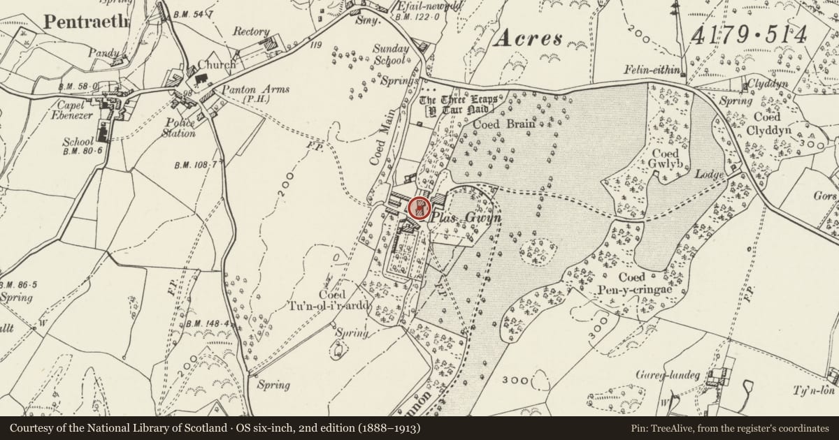 Ordnance Survey six-inch map, 2nd edition (1888–1913) covering the location of Lofted stables, cottage, kennel and coachhouse range at Plas Gwyn, Pentraeth, Isle of Anglesey, with a pin at the register's coordinates