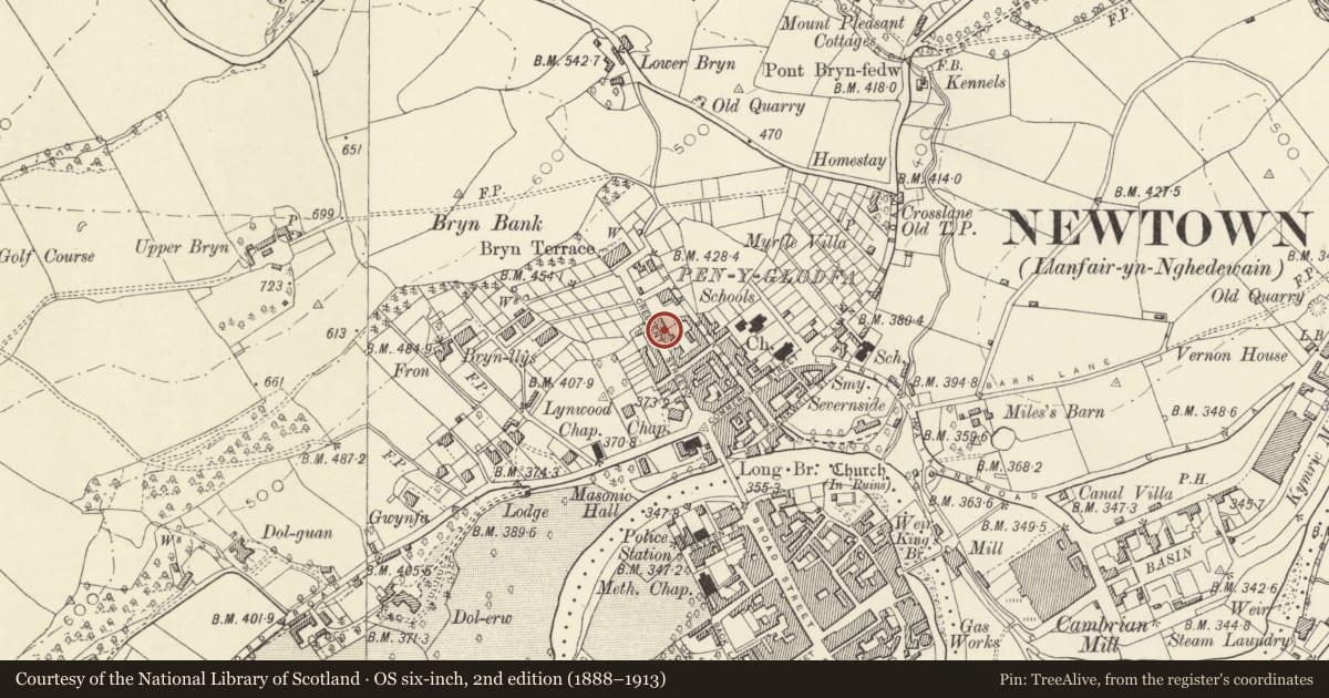 Ordnance Survey six-inch map, 2nd edition (1888–1913) covering the location of 26 Crescent Street, Newtown and Llanllwchaiarn, Powys, with a pin at the register's coordinates