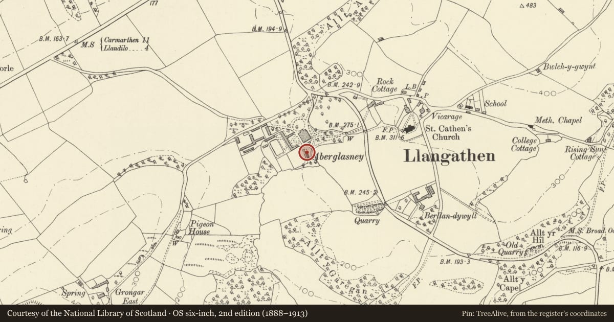 Ordnance Survey six-inch map, 2nd edition (1888–1913) covering the location of Aviaries at Aberglasney, Llangathen, Carmarthenshire, with a pin at the register's coordinates