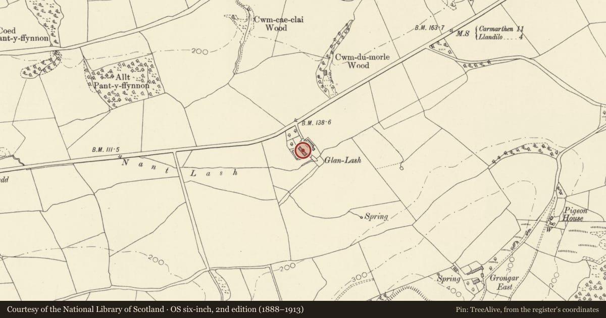 Ordnance Survey six-inch map, 2nd edition (1888–1913) covering the location of Barn at Lan Lash, Llangathen, Carmarthenshire, with a pin at the register's coordinates
