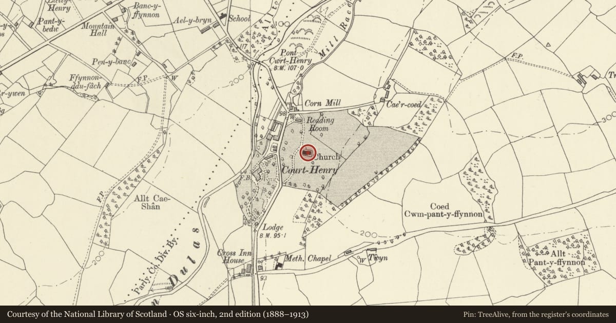 Ordnance Survey six-inch map, 2nd edition (1888–1913) covering the location of Church of St Mary, Llangathen, Carmarthenshire, with a pin at the register's coordinates