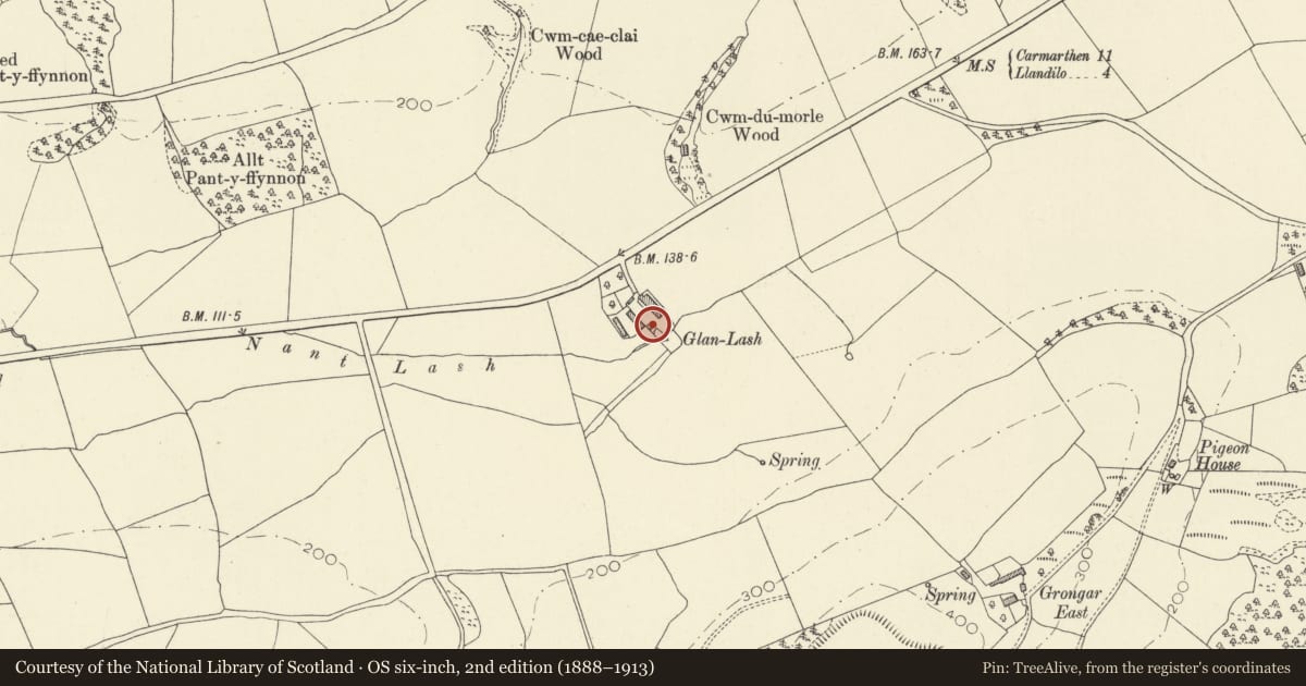 Ordnance Survey six-inch map, 2nd edition (1888–1913) covering the location of Cow house and dairy at Lan Lash, Llangathen, Carmarthenshire, with a pin at the register's coordinates