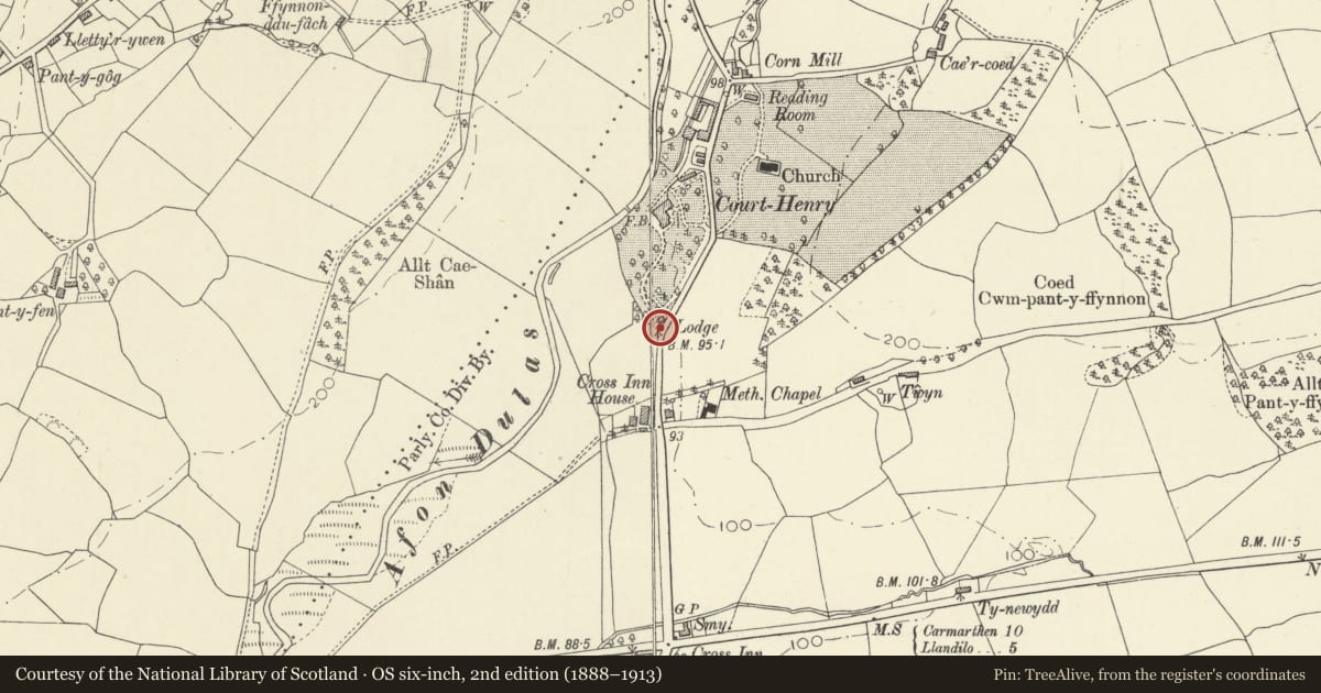 Ordnance Survey six-inch map, 2nd edition (1888–1913) covering the location of Gates and gate piers at entrance to Court Henry, Llangathen, Carmarthenshire, with a pin at the register's coordinates