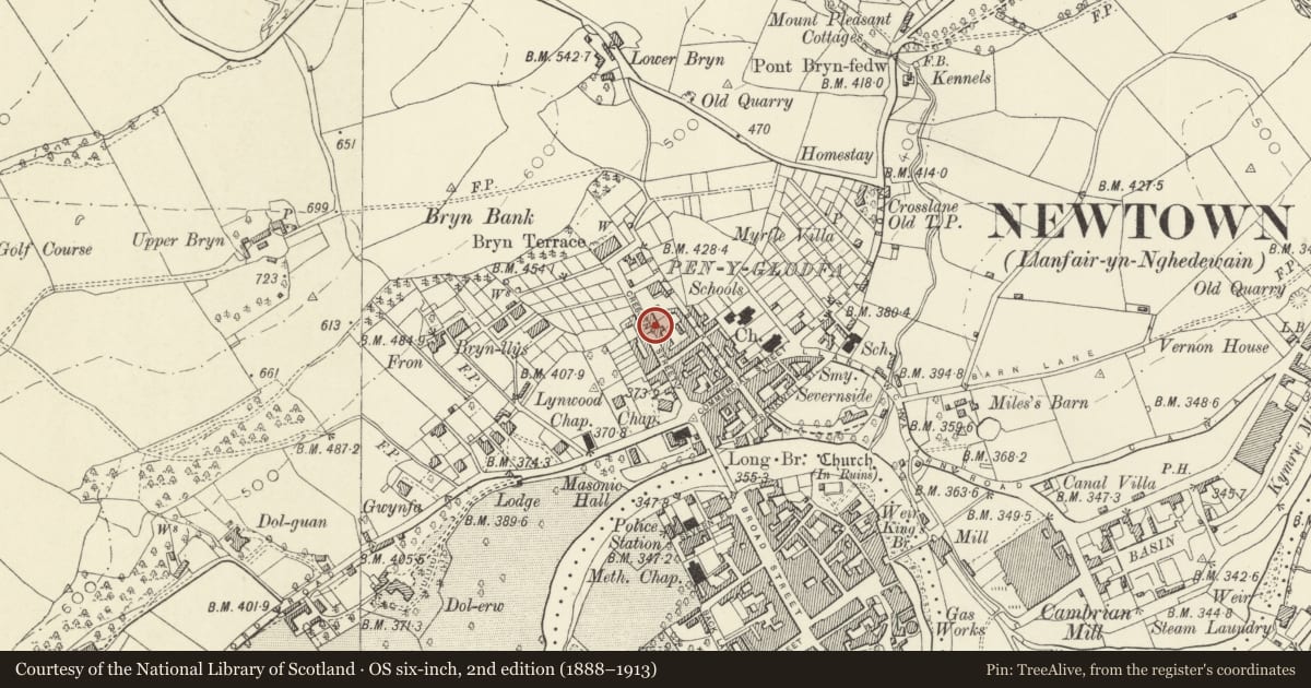 Ordnance Survey six-inch map, 2nd edition (1888–1913) covering the location of 27 Crescent Street, Newtown and Llanllwchaiarn, Powys, with a pin at the register's coordinates