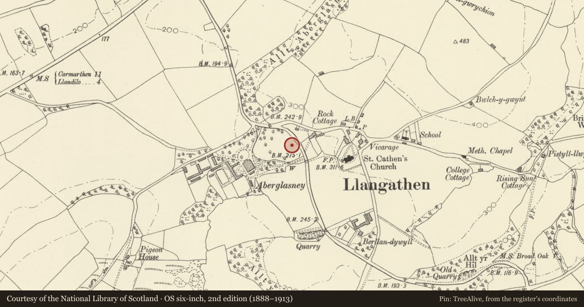 Ordnance Survey six-inch map, 2nd edition (1888–1913) covering the location of Neuadd Llangathen, Carmarthenshire, with a pin at the register's coordinates