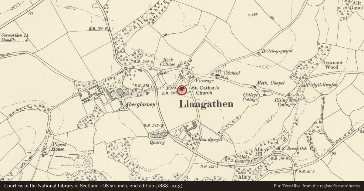Ordnance Survey six-inch map, 2nd edition (1888–1913) covering the location of War Memorial in Llangathen Churchyard, Carmarthenshire, with a pin at the register's coordinates