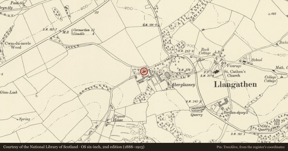 Ordnance Survey six-inch map, 2nd edition (1888–1913) covering the location of West Bailiff's Lodge at Aberglasney, Llangathen, Carmarthenshire, with a pin at the register's coordinates