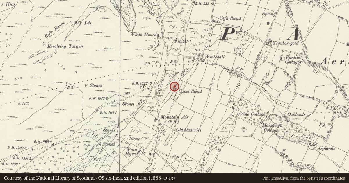 Ordnance Survey six-inch map, 2nd edition (1888–1913) covering the location of Barn at Capel-llwyd, Upper Cwmbran, Torfaen, with a pin at the register's coordinates