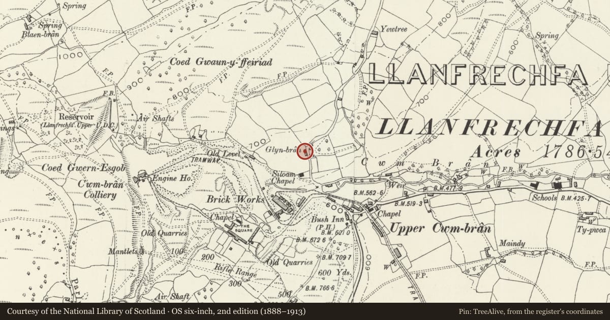 Ordnance Survey six-inch map, 2nd edition (1888–1913) covering the location of Barn at Glyn Bran Farm, Upper Cwmbran, Torfaen, with a pin at the register's coordinates