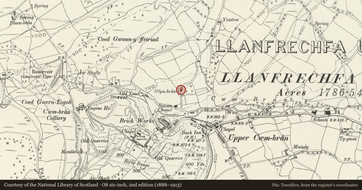 Ordnance Survey six-inch map, 2nd edition (1888–1913) covering the location of Outside kitchen at Glyn Bran Farm, Upper Cwmbran, Torfaen, with a pin at the register's coordinates