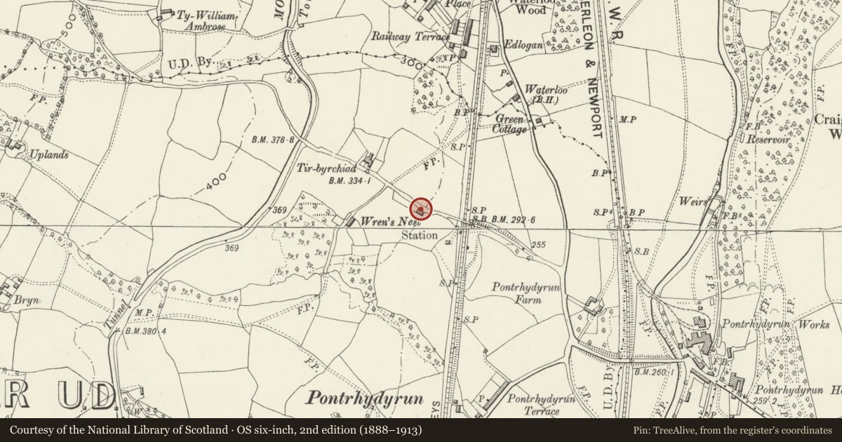 Ordnance Survey six-inch map, 2nd edition (1888–1913) covering the location of Barn on S side of Bevan's Lane, Pontnewydd, Torfaen, with a pin at the register's coordinates