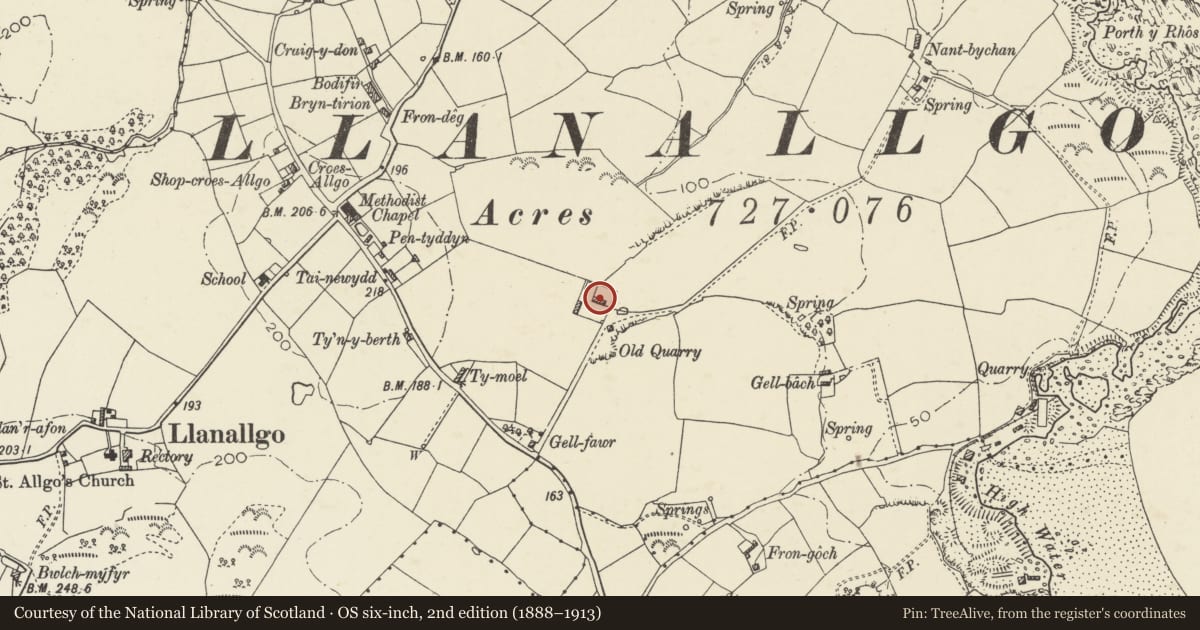 Ordnance Survey six-inch map, 2nd edition (1888–1913) covering the location of Gelli, Moelfre, Isle of Anglesey, with a pin at the register's coordinates
