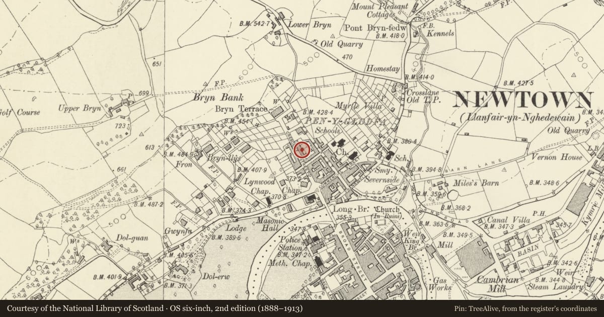 Ordnance Survey six-inch map, 2nd edition (1888–1913) covering the location of 29 Crescent Street, Newtown and Llanllwchaiarn, Powys, with a pin at the register's coordinates