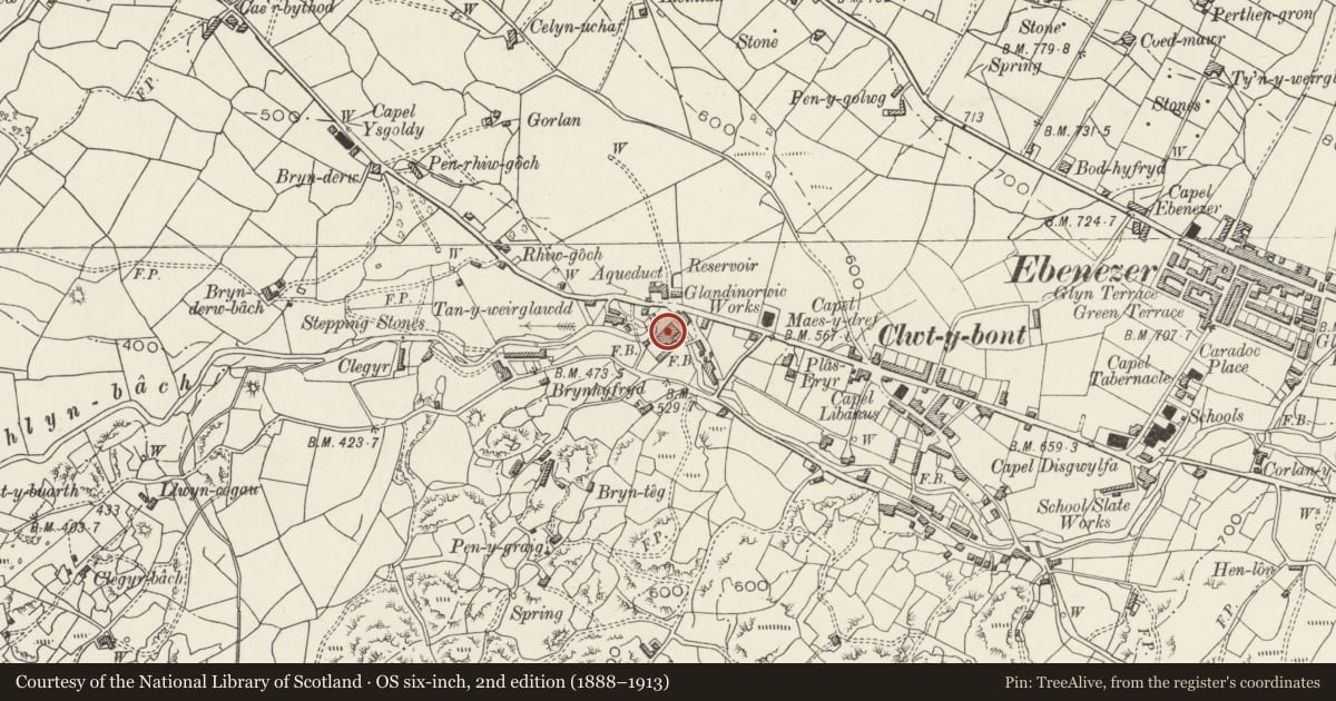 Ordnance Survey six-inch map, 2nd edition (1888–1913) covering the location of Felin Sarn, Llanddeiniolen, Gwynedd, with a pin at the register's coordinates