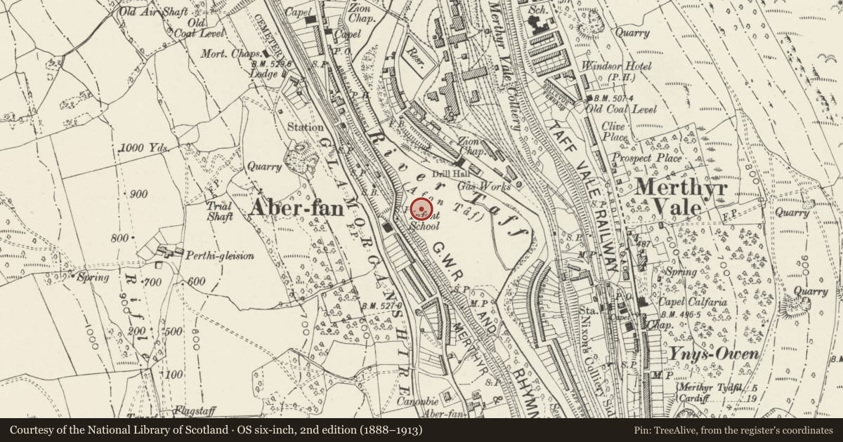 Ordnance Survey six-inch map, 2nd edition (1888–1913) covering the location of Aberfan War Memorial, Merthyr Vale, Merthyr Tydfil, with a pin at the register's coordinates