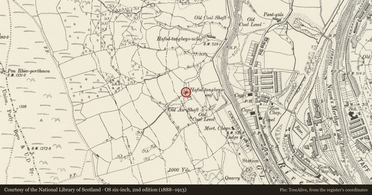 Ordnance Survey six-inch map, 2nd edition (1888–1913) covering the location of Outbuilding at Hafod-Tanglwys-Isaf, Merthyr Vale, Merthyr Tydfil, with a pin at the register's coordinates