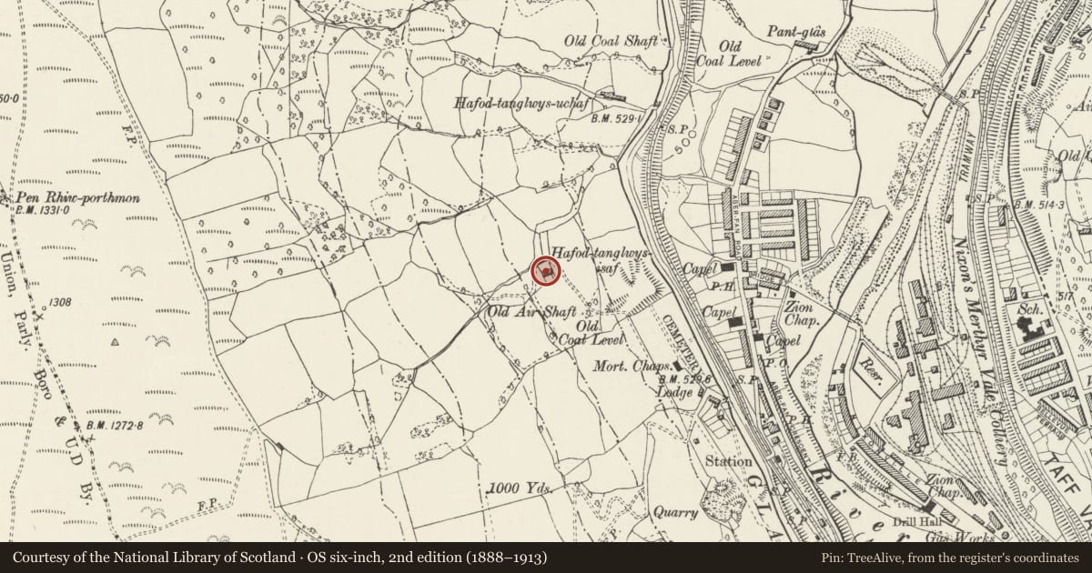 Ordnance Survey six-inch map, 2nd edition (1888–1913) covering the location of Hafod-Tanglwys-Isaf, Merthyr Vale, Merthyr Tydfil, with a pin at the register's coordinates