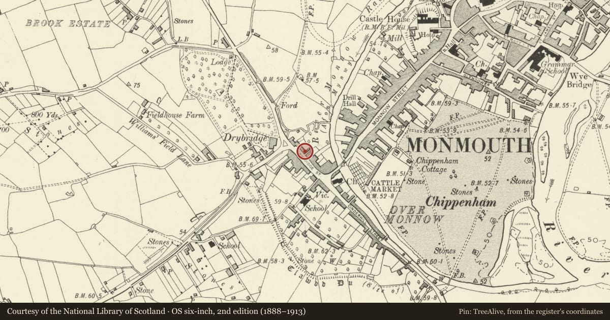 Ordnance Survey six-inch map, 2nd edition (1888–1913) covering the location of 25 Drybridge Street, Monmouth, Monmouthshire, with a pin at the register's coordinates