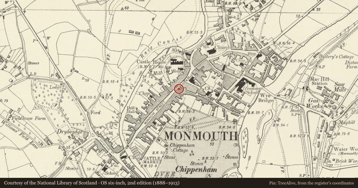 Ordnance Survey six-inch map, 2nd edition (1888–1913) covering the location of 14 Monnow Street, Monmouth, Monmouthshire, with a pin at the register's coordinates