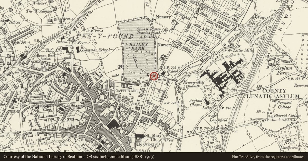 Ordnance Survey six-inch map, 2nd edition (1888–1913) covering the location of Structure of gates, gatepiers and attached walls with railings to main entrance to Bailey Park, Abergavenny, Monmouthshire, with a pin at the register's coordinates