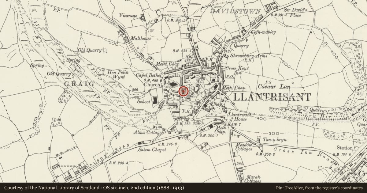 Ordnance Survey six-inch map, 2nd edition (1888–1913) covering the location of Former Stable adjoining 2 Yr Allt, Llantrisant, Rhondda Cynon Taff, with a pin at the register's coordinates
