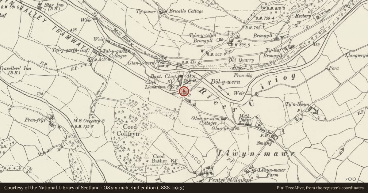 Ordnance Survey six-inch map, 2nd edition (1888–1913) covering the location of Former Waiting Room, Glyn Valley Tramway, Dolywern, Glyntraian, Wrexham, with a pin at the register's coordinates
