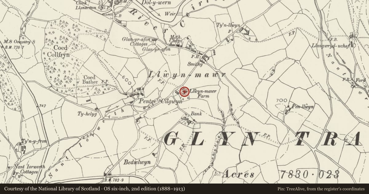 Ordnance Survey six-inch map, 2nd edition (1888–1913) covering the location of Granary and attached Stable Range at Llwynmawr Farm, Glyntraian, Wrexham, with a pin at the register's coordinates