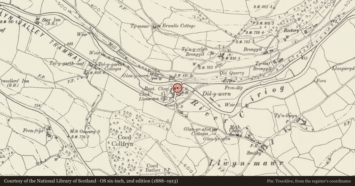 Ordnance Survey six-inch map, 2nd edition (1888–1913) covering the location of Milestone at Dolywern, Glyntraian, Wrexham, with a pin at the register's coordinates