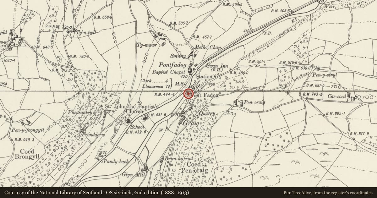 Ordnance Survey six-inch map, 2nd edition (1888–1913) covering the location of Pontfadog Bridge, Glyntraian, Wrexham, with a pin at the register's coordinates