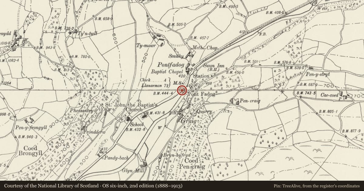 Ordnance Survey six-inch map, 2nd edition (1888–1913) covering the location of Pontfadog War Memorial, Glyntraian, Wrexham, with a pin at the register's coordinates