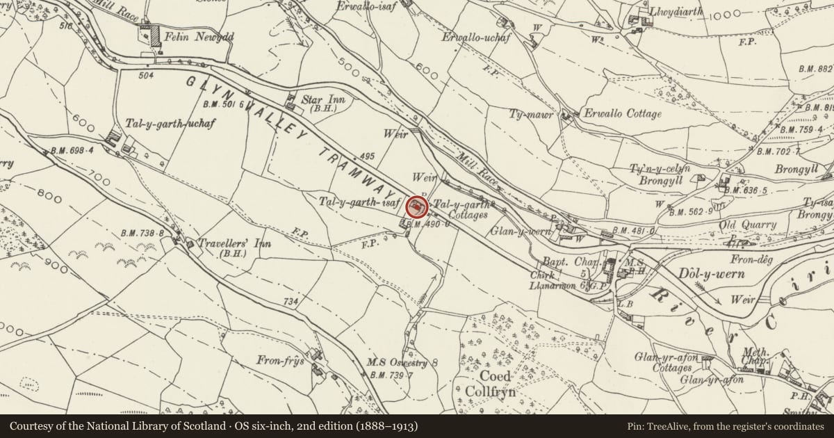 Ordnance Survey six-inch map, 2nd edition (1888–1913) covering the location of Talygarth Isaf Farm, Glyntraian, Wrexham, with a pin at the register's coordinates