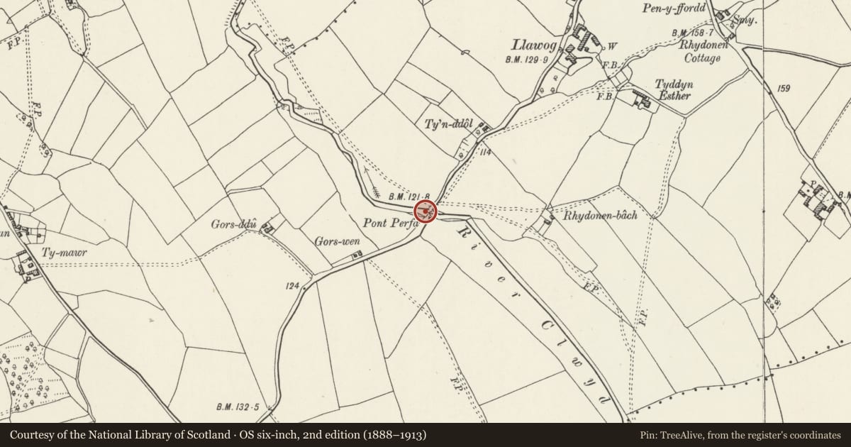 Ordnance Survey six-inch map, 2nd edition (1888–1913) covering the location of Pont Perfa, Llanynys, Denbighshire, with a pin at the register's coordinates