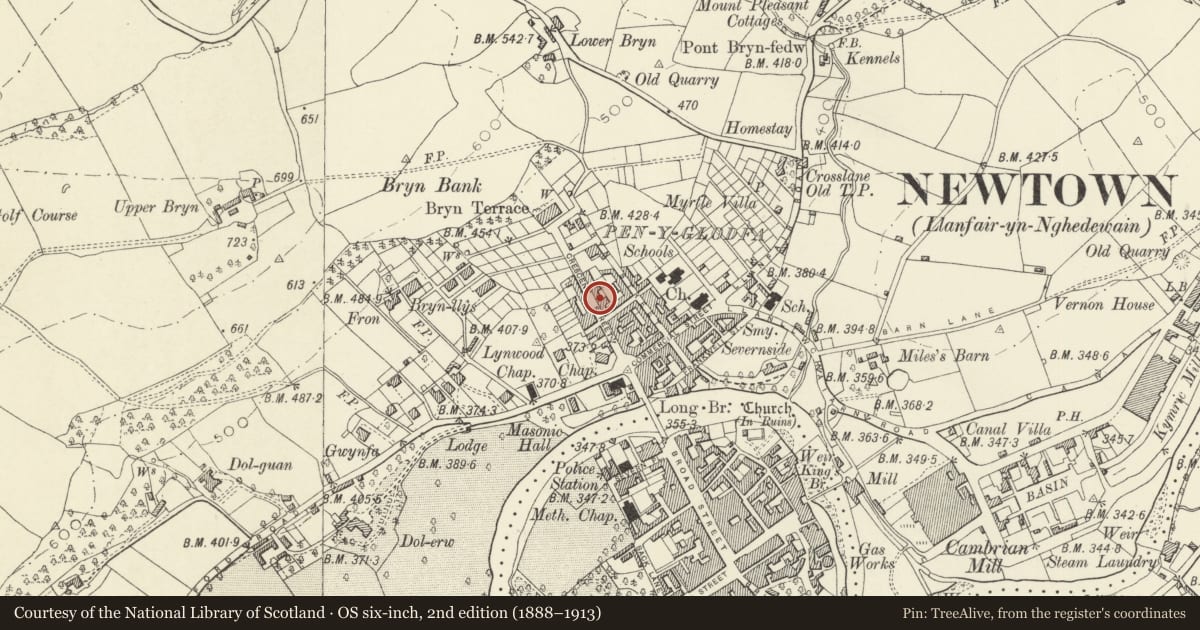 Ordnance Survey six-inch map, 2nd edition (1888–1913) covering the location of 32 Crescent Street, Newtown and Llanllwchaiarn, Powys, with a pin at the register's coordinates