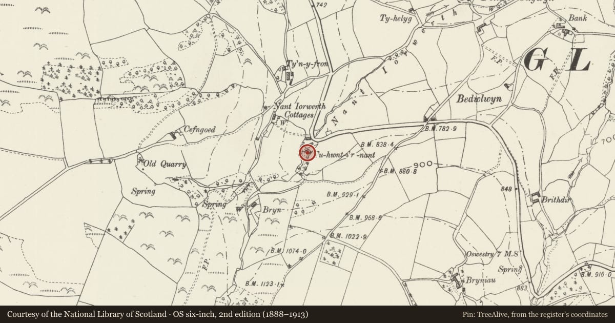 Ordnance Survey six-inch map, 2nd edition (1888–1913) covering the location of Tu-hwnt-i'r-nant, Glyntraian, Wrexham, with a pin at the register's coordinates