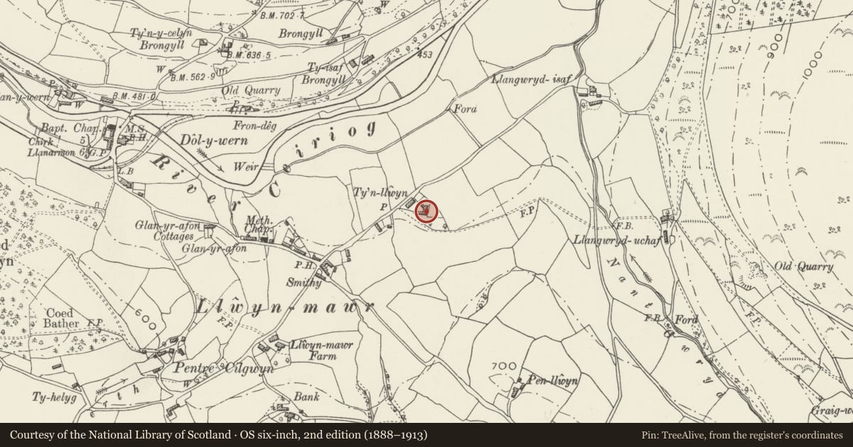 Ordnance Survey six-inch map, 2nd edition (1888–1913) covering the location of Ty'n-llwyn Farmhouse, Glyntraian, Wrexham, with a pin at the register's coordinates