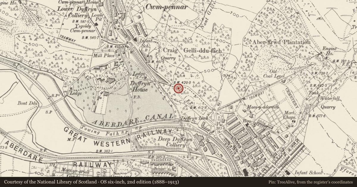 Ordnance Survey six-inch map, 2nd edition (1888–1913) covering the location of War Memorial, Mountain Ash, Rhondda Cynon Taff, with a pin at the register's coordinates