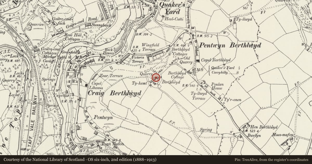 Ordnance Survey six-inch map, 2nd edition (1888–1913) covering the location of Berthlwyd, Treharris, Merthyr Tydfil, with a pin at the register's coordinates