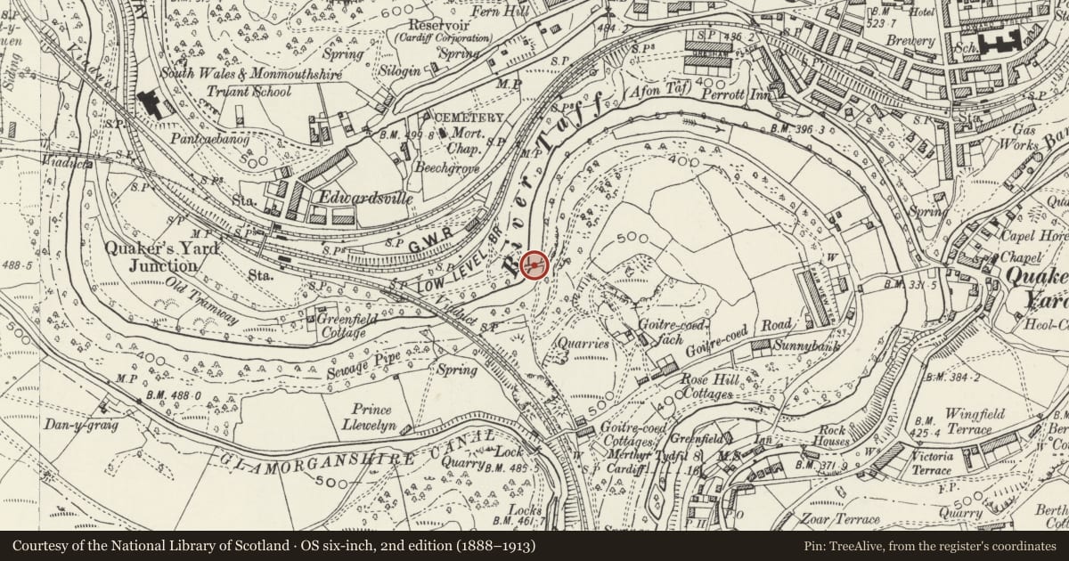 Ordnance Survey six-inch map, 2nd edition (1888–1913) covering the location of Greenfield Bridge, Penydarren Tramroad, Treharris, Merthyr Tydfil, with a pin at the register's coordinates