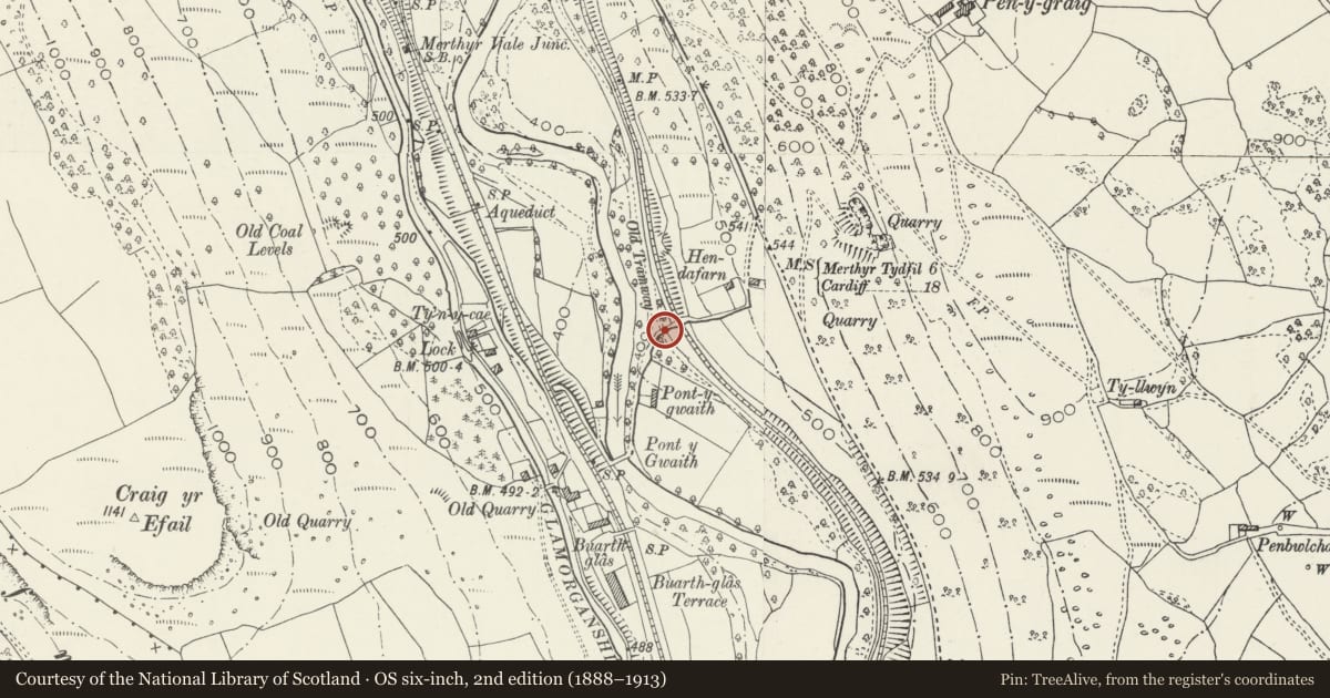 Ordnance Survey six-inch map, 2nd edition (1888–1913) covering the location of Pontygwaith Overbridge, Treharris, Merthyr Tydfil, with a pin at the register's coordinates