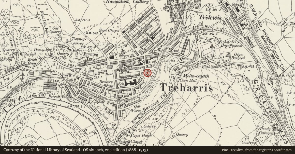 Ordnance Survey six-inch map, 2nd edition (1888–1913) covering the location of Treharris Public Library, Merthyr Tydfil, with a pin at the register's coordinates