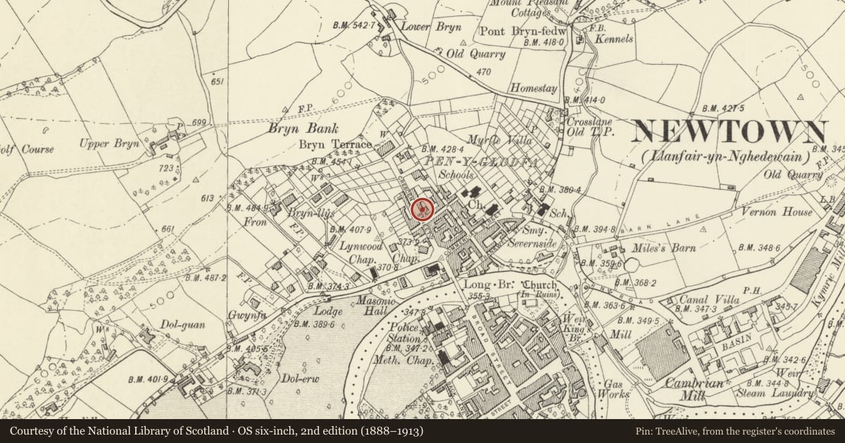 Ordnance Survey six-inch map, 2nd edition (1888–1913) covering the location of 33 Crescent Street, Newtown and Llanllwchaiarn, Powys, with a pin at the register's coordinates