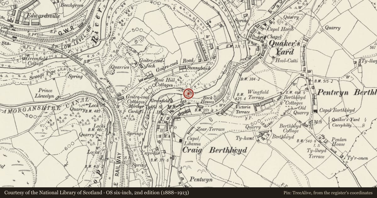 Ordnance Survey six-inch map, 2nd edition (1888–1913) covering the location of Victoria Bridge, Penydarren Tramroad, Treharris, Merthyr Tydfil, with a pin at the register's coordinates