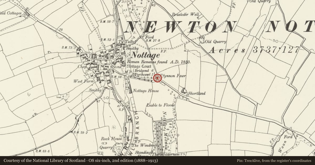 Ordnance Survey six-inch map, 2nd edition (1888–1913) covering the location of Ffynnon Fawr, Porthcawl, Bridgend, with a pin at the register's coordinates